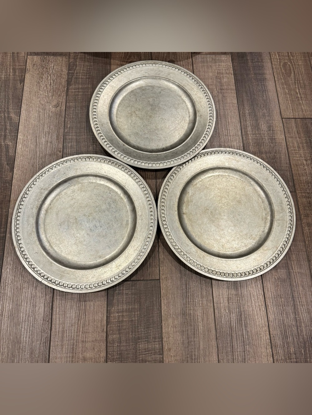 Set of 3 Pottery Barn Beaded Silver Gilt Charger Plates Pewter-Look